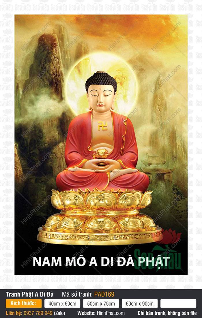 Phật A Di Đà, Hình Phật A Di Đà, Tranh Phật A Di Đà PAD169 Tranh Phật A Di Đà PAD169 khoác y đỏ an tọa kiết già trên đài sen vàng
