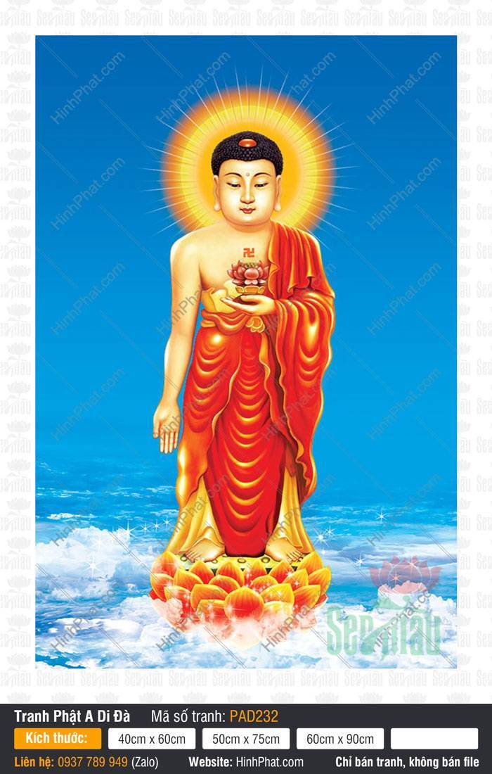 Phật A Di Đà, Hình Phật A Di Đà, Tranh Phật A Di Đà PAD232 Hình Phật A Di Đà dáng đứng ngự đài sen vàng áo đỏ trên nền trời xanh