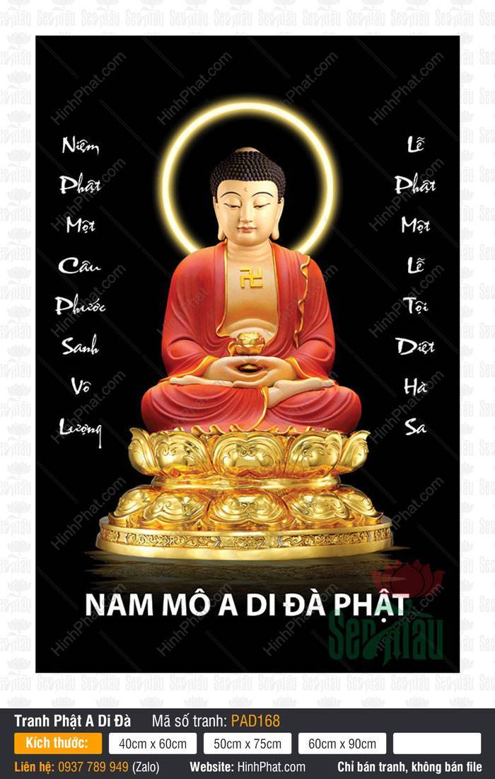 Phật A Di Đà PAD168 Phật A Di Đà PAD168 an tọa trên đài sen vàng rực rỡ giữa phông nền đen