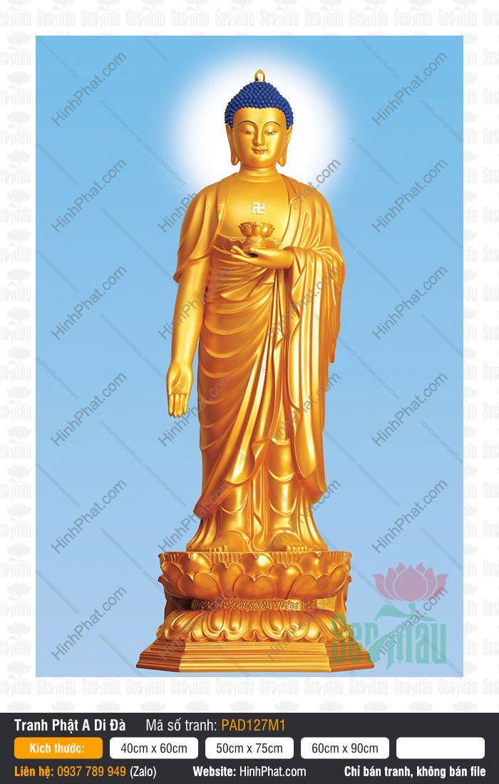Phật A-di-đà - Hình Phật PAD127M1 Tác phẩm Phật A-di-đà - Hình Phật PAD127M1 đứng đài sen tỏa hào quang trắng nền xanh