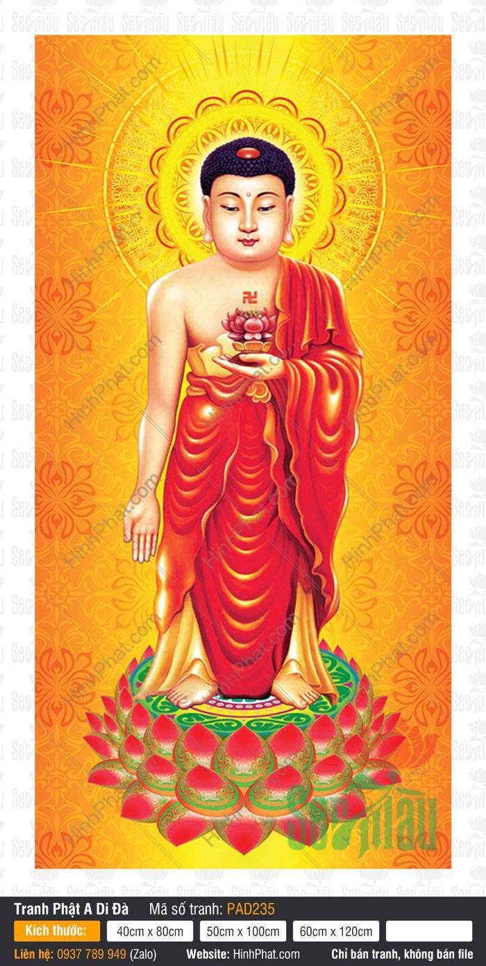 Tôn Ảnh A Di Đà Phật Đẹp PAD235 Tôn Ảnh A Di Đà Phật Đẹp dáng đứng tiếp dẫn trên đài sen hồng nền cam