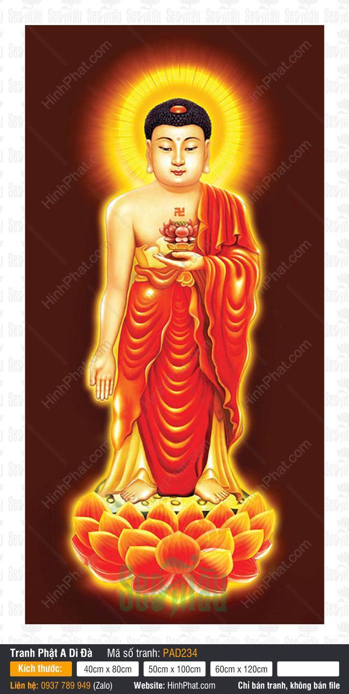 Tôn Ảnh A Di Đà Phật PAD234 Tôn Ảnh A Di Đà Phật PAD234 đứng tiếp dẫn trên đài sen tỏa hào quang nền nâu