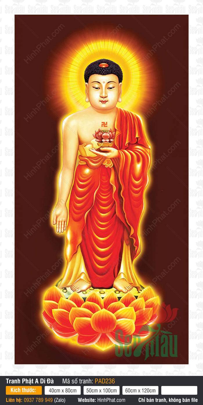 Tôn Ảnh Đức Phật A Di Đà PAD236 Tôn ảnh Đức Phật A Di Đà PAD236 dáng đứng trên đài sen cam rực rỡ nền nâu trầm