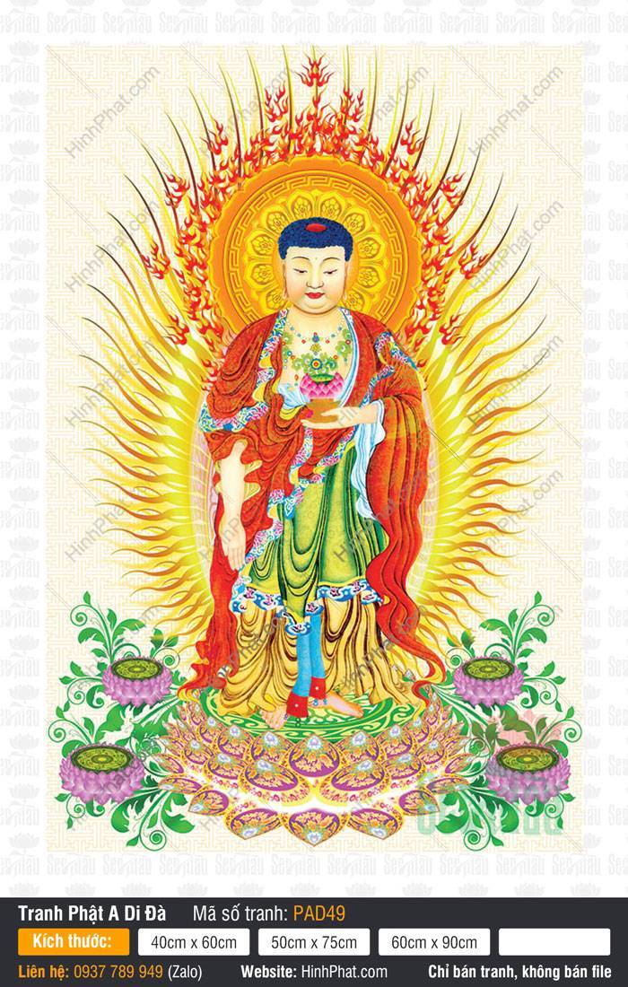 Tôn Ảnh Phật A Di Đà PAD49 Tôn Ảnh Phật A Di Đà PAD49 dáng đứng tỏa hào quang tia vàng rực rỡ trên đài sen
