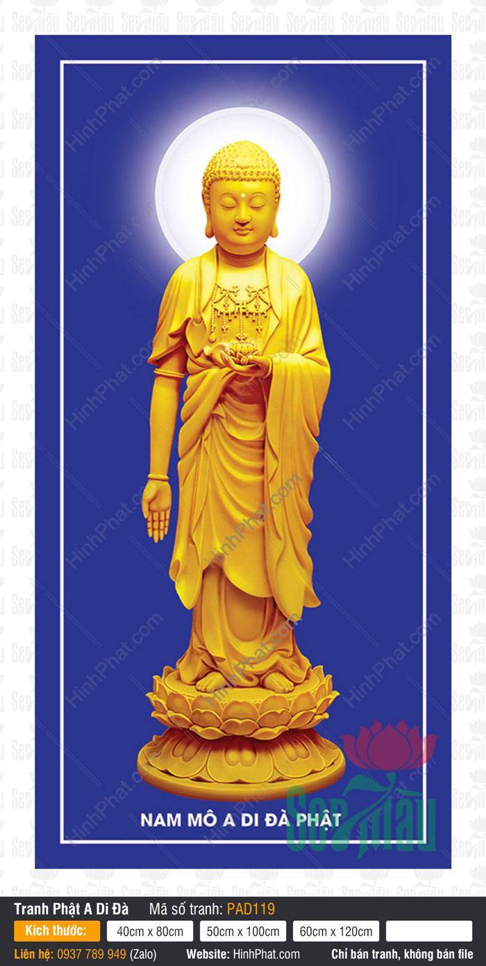 Tranh Phật A Di Đà PAD119 Tranh Phật A Di Đà PAD119 khoác y vàng kim đứng trên đài sen nền xanh lam