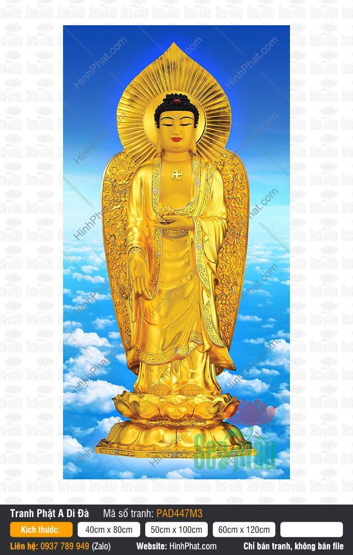 Tranh Phật A Di Đà, Cửa Hàng Tranh Phật Giáo PAD447M3 Bức tranh Phật A Di Đà đứng trên tòa sen vàng tỏa hào quang nền mây