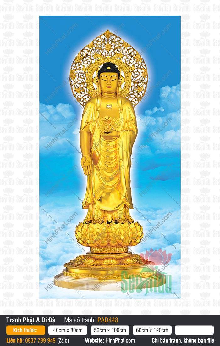 Tranh Phật A Di Đà Đẹp Nhất PAD448 Tranh Phật A Di Đà Đẹp Nhất PAD448 đứng trên tòa sen giữa nền mây trời xanh