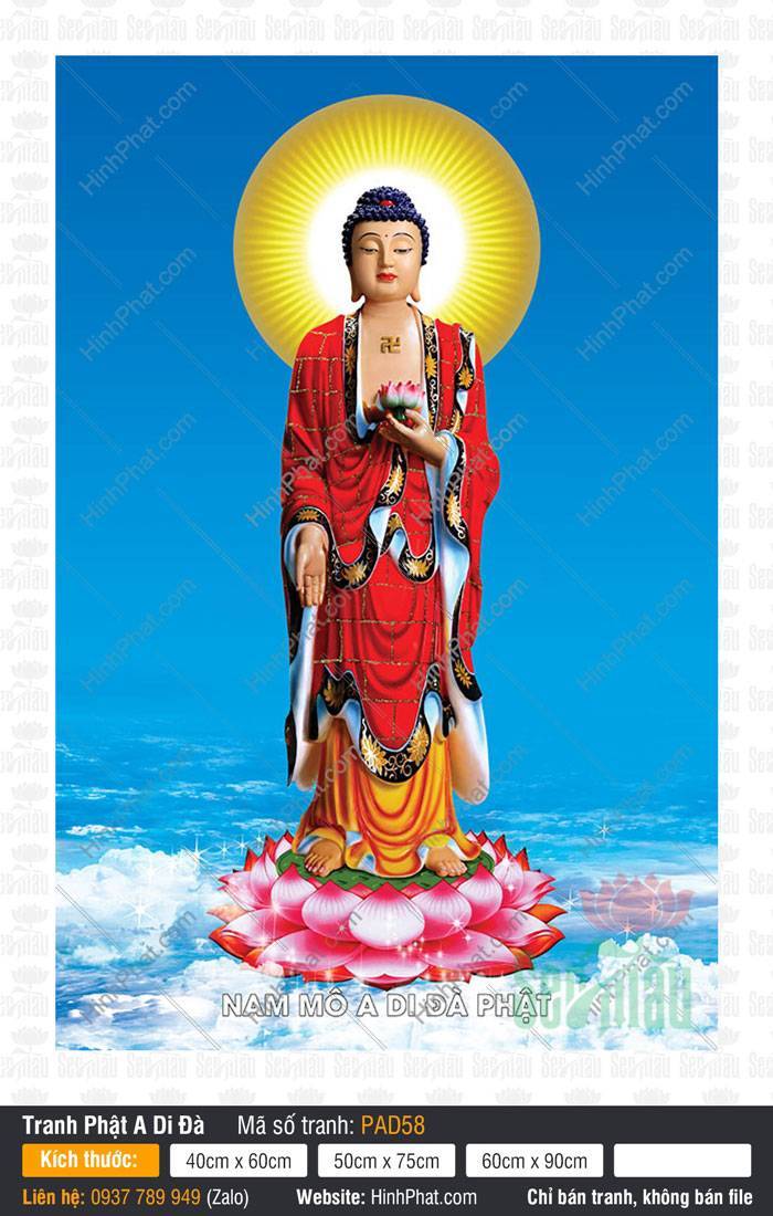 Tranh Phật A Di Đà Đẹp Nhất PAD58 Tranh Phật A Di Đà Đẹp Nhất PAD58 đứng đài sen tỏa hào quang giữa mây trời xanh