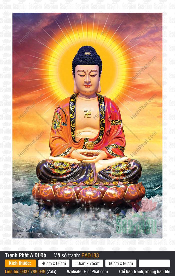 Tranh Phật A Di Đà Đẹp PAD183 Tranh Phật A Di Đà Đẹp PAD183 an tọa trên đài sen giữa biển