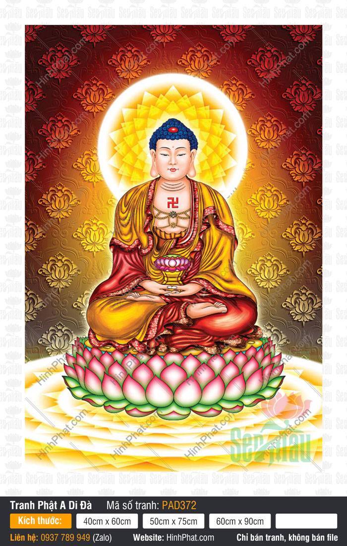 Tranh Phật A Di Đà Đẹp PAD372 Tranh Phật A Di Đà Đẹp PAD372 an tọa đài sen hồng nền gấm đỏ