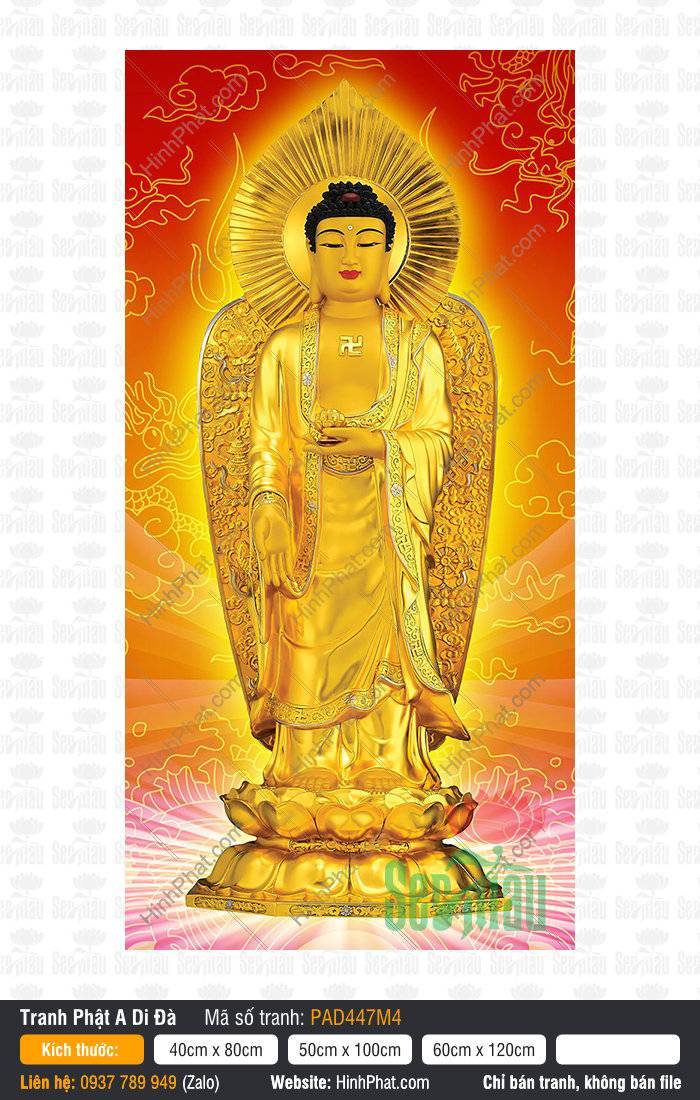 Tranh Phật A Di Đà Đẹp PAD447M4 Tranh Phật A Di Đà Đẹp PAD447M4 ngự trên đài sen vàng rực rỡ nền đỏ