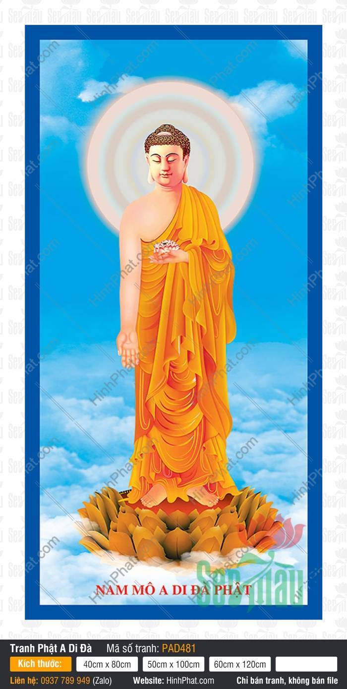 Tranh Phật A Di Đà Đứng PAD481 Tranh Phật A Di Đà Đứng PAD481 khoác y vàng hở vai đứng trên đài sen