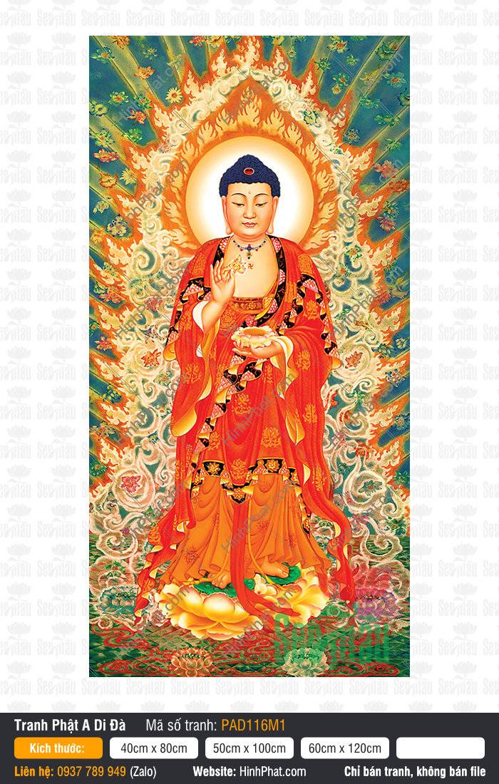 Tôn ảnh A Di Đà đứng trên sen vàng, nền xanh hoa văn