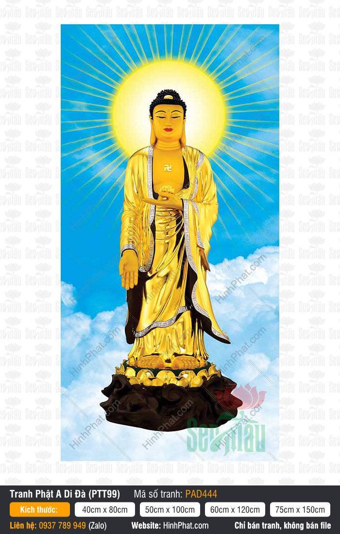 Tranh Phật A Di Đà PAD444 Tranh Phật A Di Đà PAD444 dáng đứng y áo vàng trên đài sen tỏa hào quang