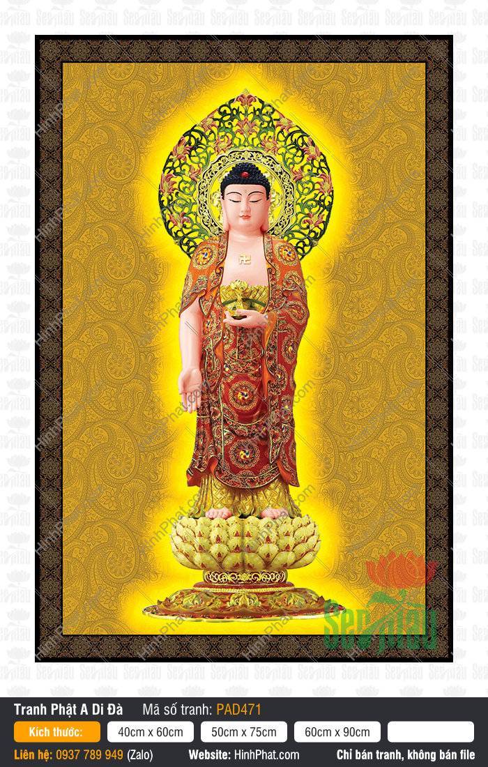 Tranh Phật A Di Đà PAD471 Tranh Phật A Di Đà PAD471 dáng đứng trên tòa sen vàng khoác y áo đỏ