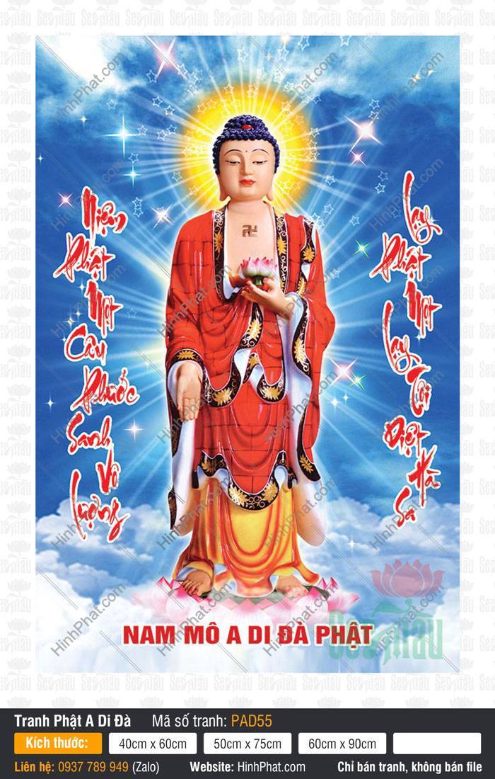 Tranh Phật A Di Đà PAD55 Tranh Phật A Di Đà PAD55 đứng trên đài sen hồng giữa nền trời xanh tỏa sáng
