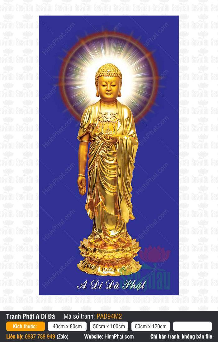 Tranh Phật A Di Đà Treo Tường PAD94M2 Tranh Phật A Di Đà Treo Tường PAD94M2 đứng trên tòa sen vàng rực rỡ