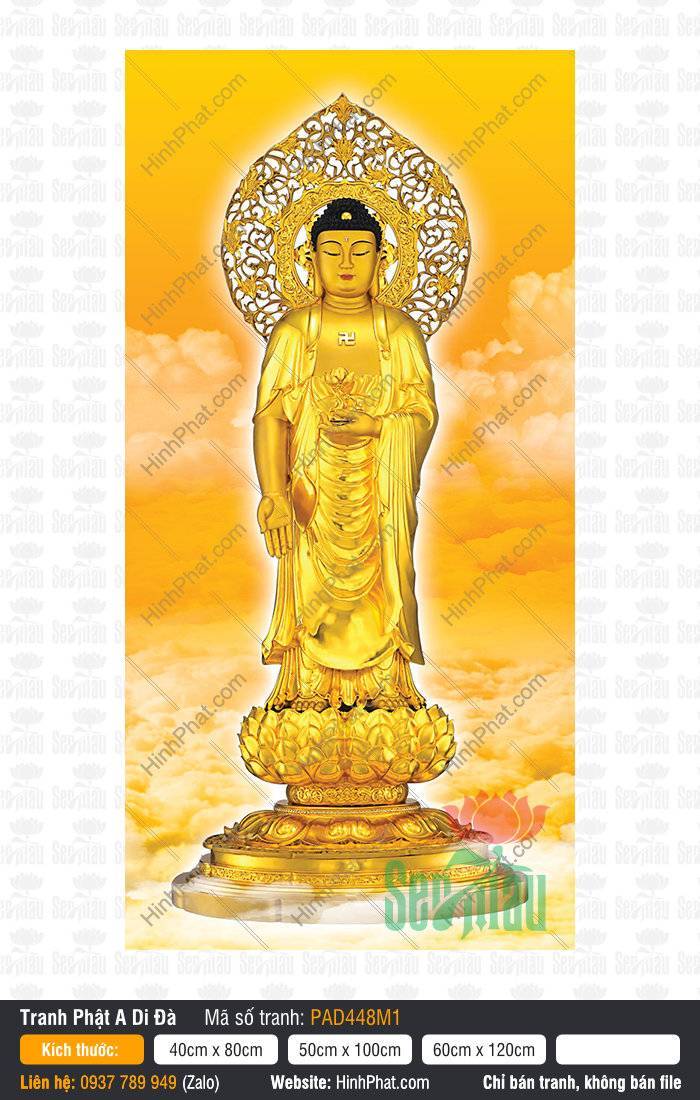 Tranh Phật Adida PAD448M1 Tranh Phật Adida PAD448M1 dáng đứng ngự đài sen vàng khung hoa văn lá đề