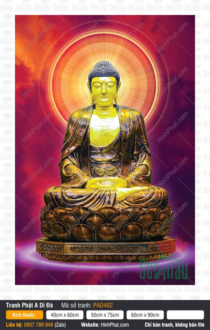 Tranh Phật Adida PAD462 Tranh Phật Adida thể hiện Đức Phật tọa thiền trên đài sen quầng sáng đỏ cam
