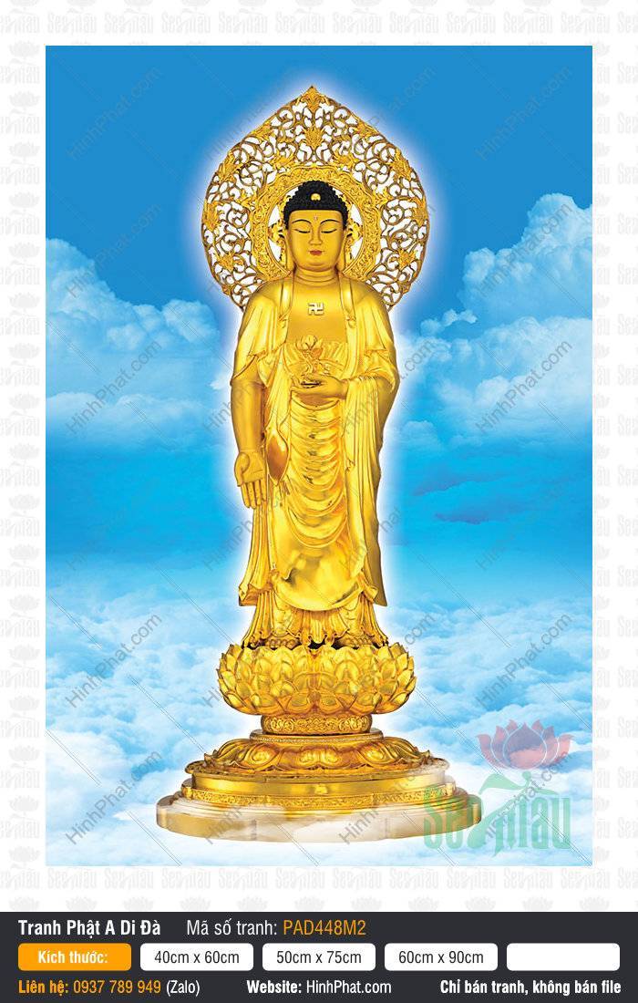 Tranh Về Đức Phật A Di Đà PAD448M2 Tranh Về Đức Phật A Di Đà đứng trên đài sen vàng tỏa sáng giữa bầu trời xanh
