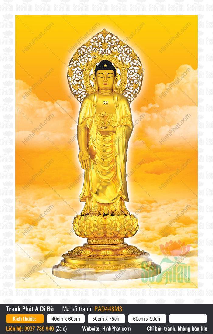Tranh Về Đức Phật A-di-đà PAD448M3 Bức tranh về Đức Phật A Di Đà PAD448M3 đứng đài sen vàng với quang bối hoa văn
