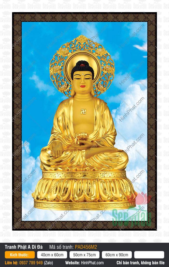 Tranh Về Đức Phật A-di-đà PAD456M2 Tranh Về Đức Phật A-di-đà PAD456M2 an tọa trên đài sen vàng nền mây xanh