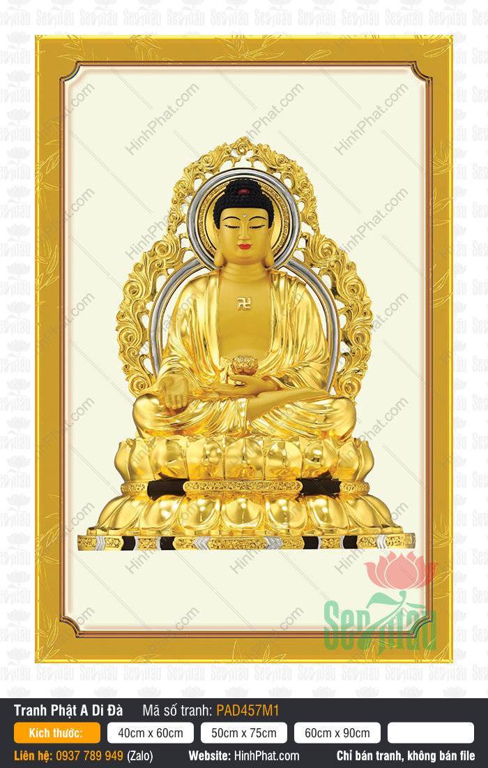 Tranh Về Phật A Di Đà Đẹp PAD457M1 Tranh Về Phật A Di Đà Đẹp PAD457M1 ngồi kiết già trên đài sen vàng nền kem