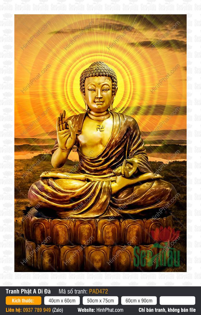 Tranh Phật A Di Đà vàng ngồi trước quầng sáng hoàng hôn