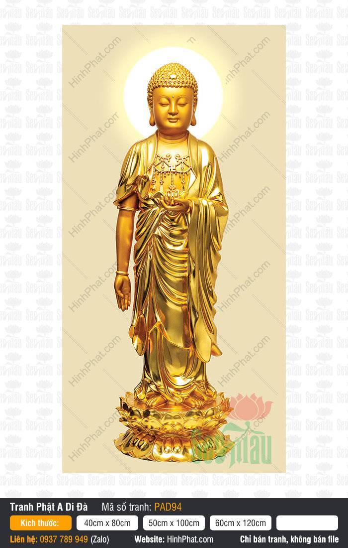 Tranh Về Phật A Di Đà PAD94 Tranh Về Phật A Di Đà PAD94 tỏa sắc vàng kim đứng ngự đài sen trên nền be