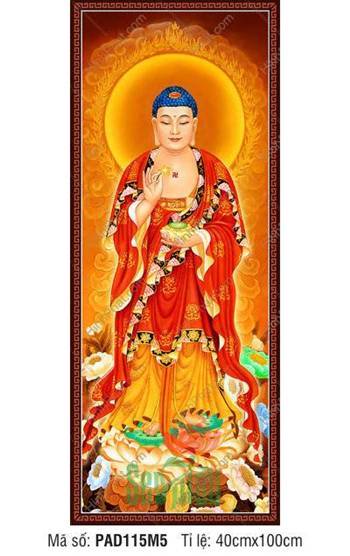 Ảnh Phật A Di Đà PAD115M5, áo đỏ đứng đài sen vàng
