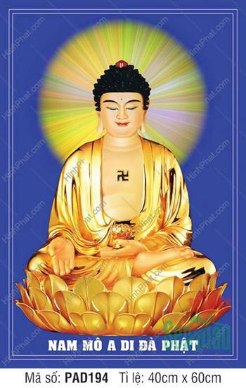 Ảnh Phật A Di Đà PAD194, ngự tòa sen vàng nền xanh lam