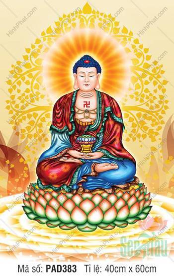 Ảnh Phật A Di Đà PAD383, tôn tượng ngồi trên tòa sen nền vàng
