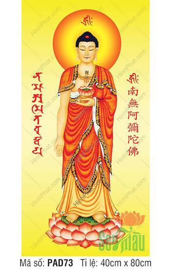 Đức Phật A Di Đà PAD73, y đỏ đứng đài sen nền vàng