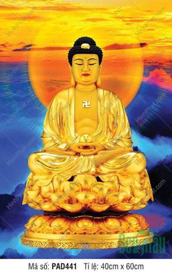 Đức Phật A-di-đà PAD441, tôn ảnh ngồi sen vàng nền hoàng hôn