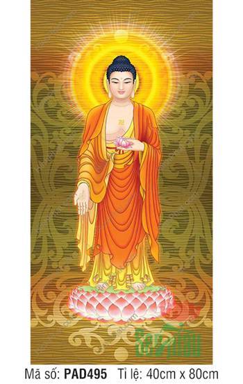 Hình A Di Đà Đẹp PAD495, dáng đứng đài sen nền hoa văn