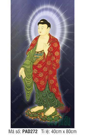 Hinh Anh Nam Mô A Di Đà Phật PAD272, Dáng Đứng Y Đỏ Bệ Sen Xanh