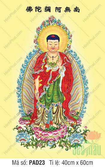 Hình Ảnh Phật A Di Đà PAD23, đứng đài sen hồng nền vàng