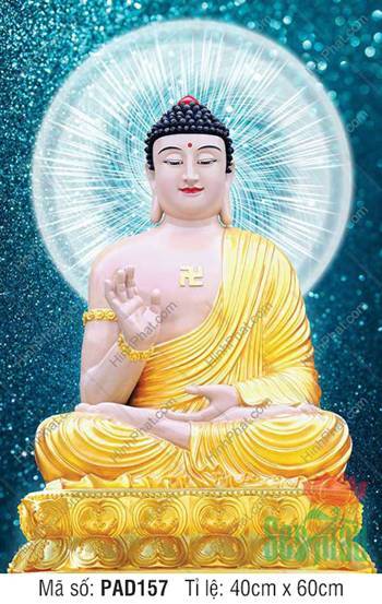 Hình Phật A Di Đà PAD157, ngồi bệ vàng nền xanh ngọc