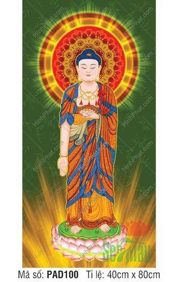 Hình Phật A Di Đà Tiếp Dẫn PAD100, ngự đài sen hào quang đỏ vàng