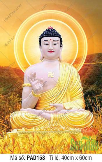 Hình Phật A Di Đà PAD158, an tọa bệ vàng nền đồi núi