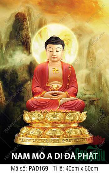 Tranh Phật A Di Đà PAD169, áo đỏ an tọa trên bệ sen vàng