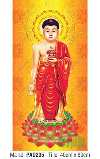 Tôn Ảnh A Di Đà Phật Đẹp PAD235, dáng đứng nền cam hoa văn