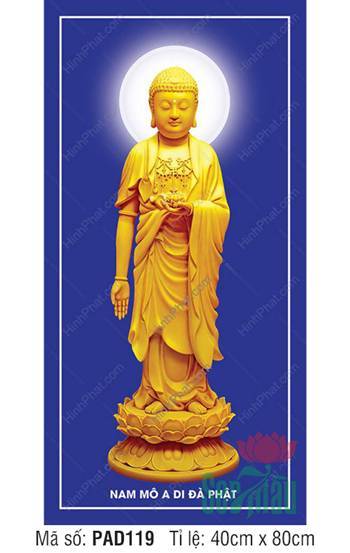 Tranh Phật A Di Đà PAD119, uy nghiêm sắc vàng kim nền xanh