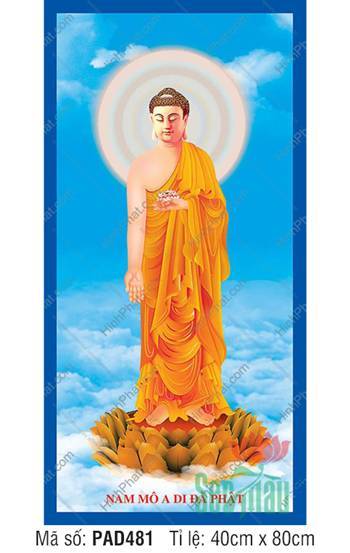 Tranh Phật A Di Đà Đứng PAD481, Đức Phật y vàng khoác hở vai