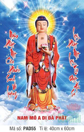 Tranh Phật A Di Đà PAD55, khoác y đỏ ngự đài sen