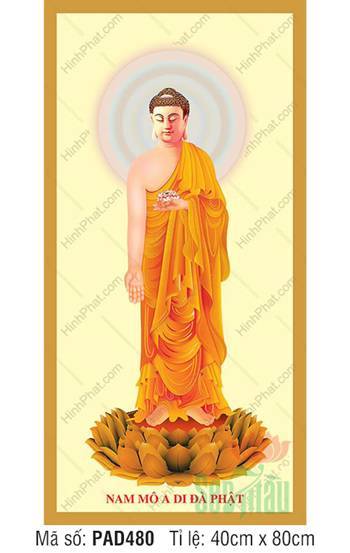 Tranh Phật A Di Đà Tiếp Dẫn PAD480, dáng đứng đài sen vàng
