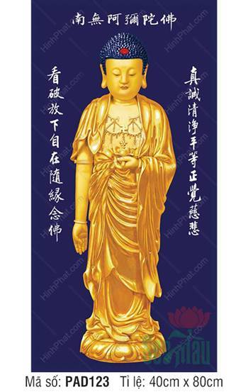Tranh Về Đức Phật A Di Đà PAD123, uy nghiêm sắc vàng nền xanh tím