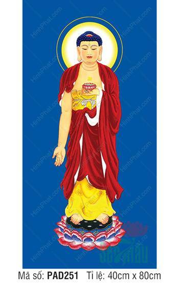 Tranh Về Phật A Di Đà PAD251, dáng đứng y áo đỏ nền xanh