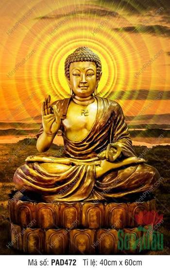 Tranh Về Phật A Di Đà PAD472 với tôn tượng vàng giữa quầng sáng lớn