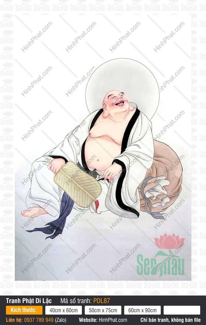 Hình Phật Di Lặc Đẹp PDL87 Hình Phật Di Lặc Đẹp PDL87 mô tả Ngài mặc y phục trắng viền đen cầm quạt nan dựa túi vải